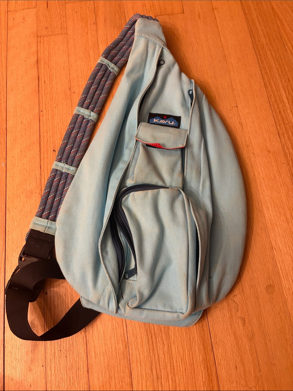 Kavu Light Blue Sling Bag with Multicolor Patterned Strap